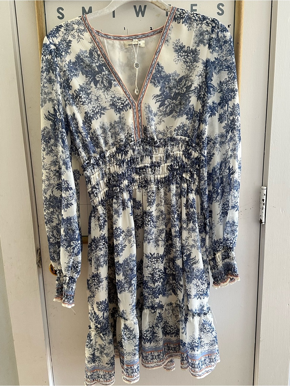 Max Studio Blue Floral Long-Sleeve Smocked Dress on White